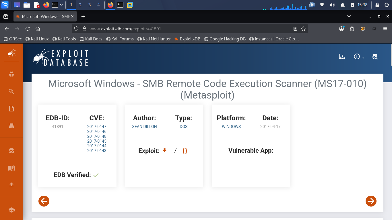 ExploitDB EternalBlue screenshot