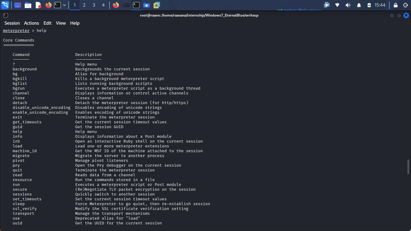 Meterpreter help screenshot