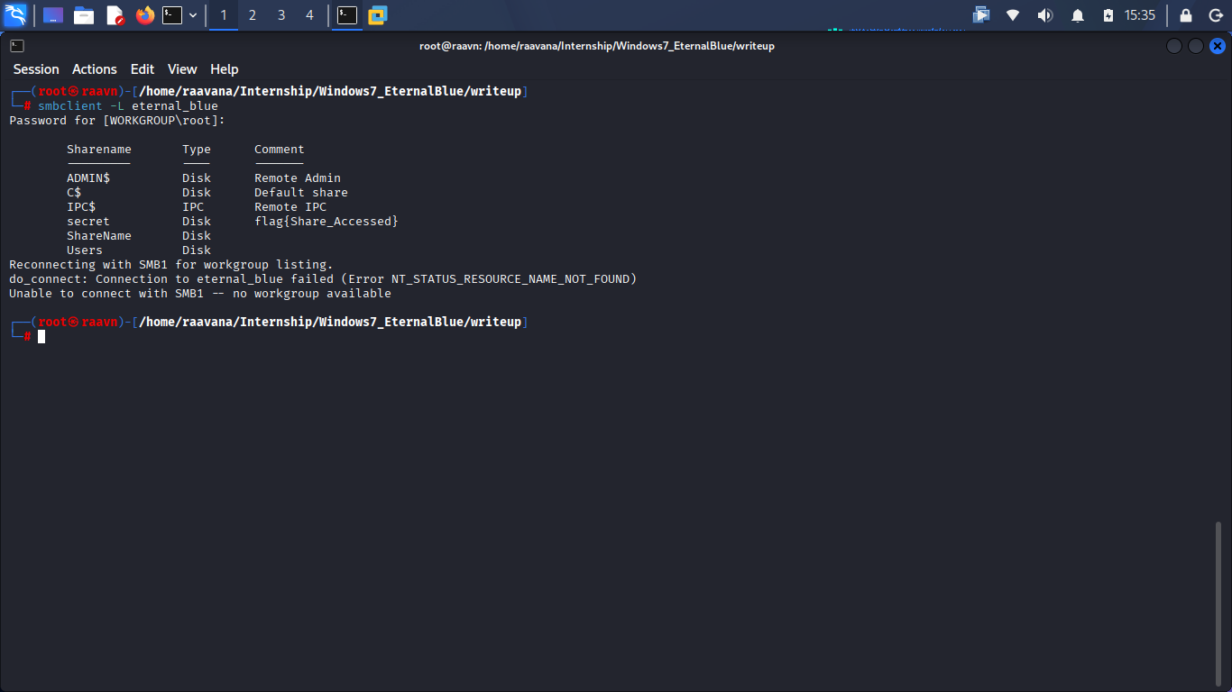 SMB share enumeration screenshot containing the first flag