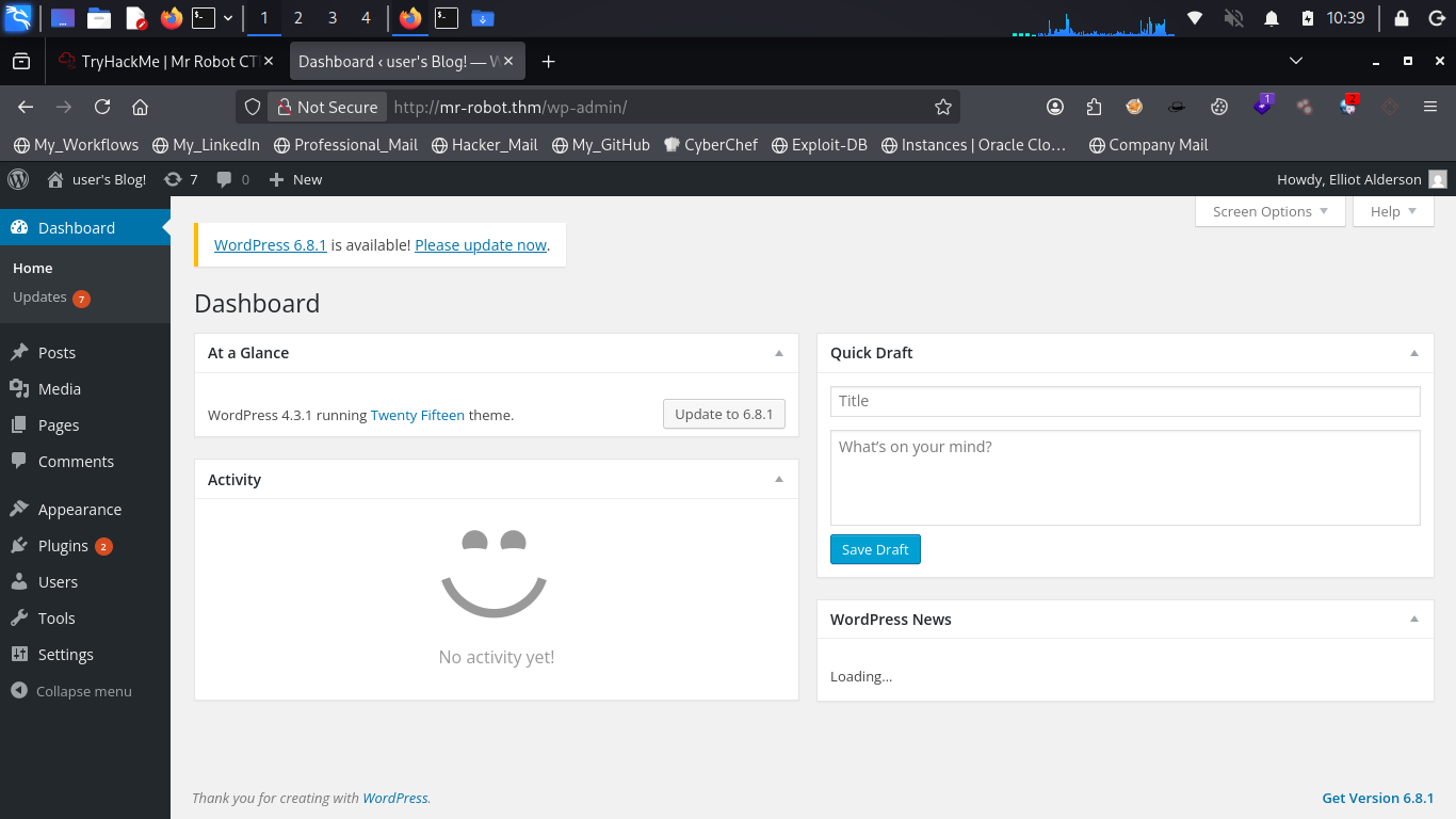 Logged into WordPress dashboard as elliot