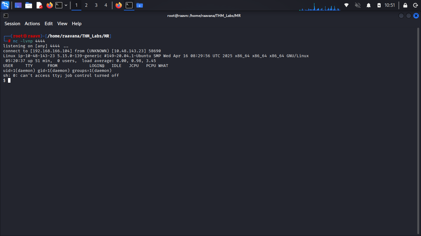 Reverse shell session received in terminal