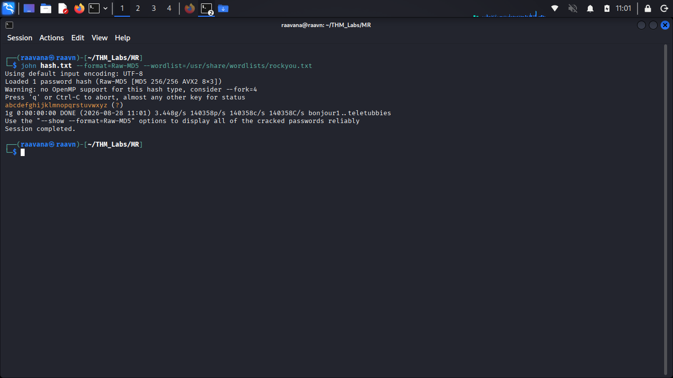 MD5 password hash cracked with John the Ripper
