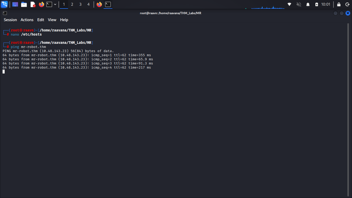 Testing connection to target using ping