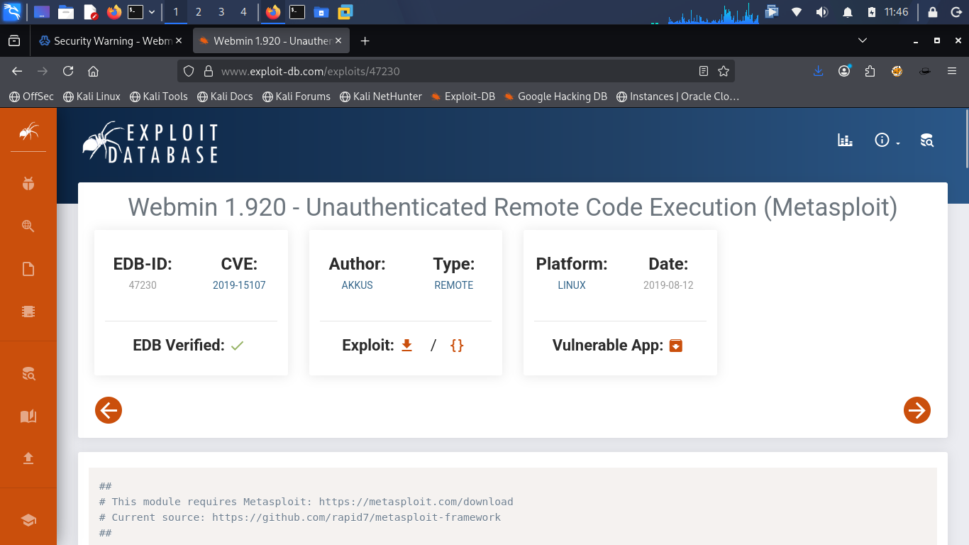 Checking ExploitDB for Webmin exploits