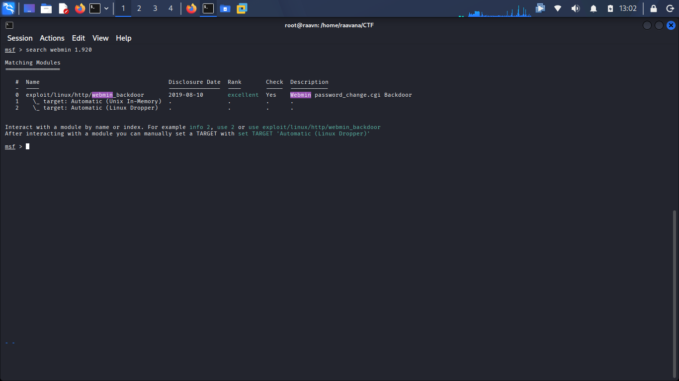 Searching for Webmin 1.920 Metasploit module
